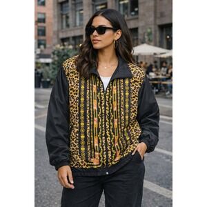 Vintage Women's Sz L Silk Bomber Jacket Black Gold Chain Leopard Full Zip Y2K